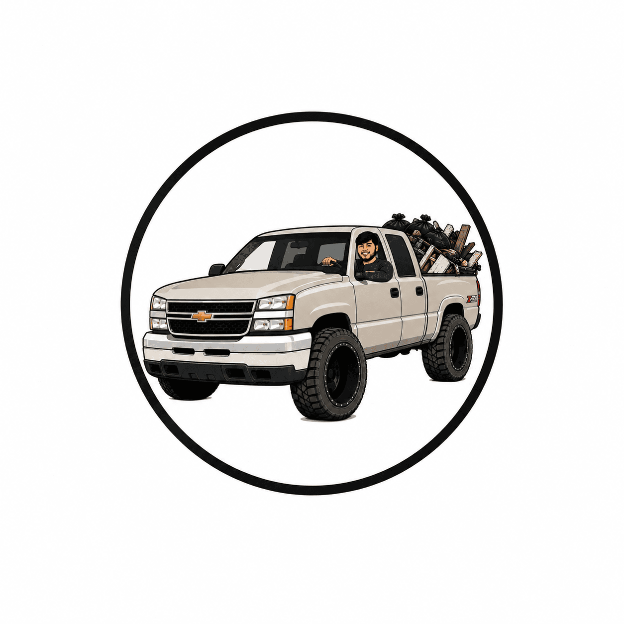 Cartoon of a man driving a beige Chevrolet truck filled with wood and trash bags.
