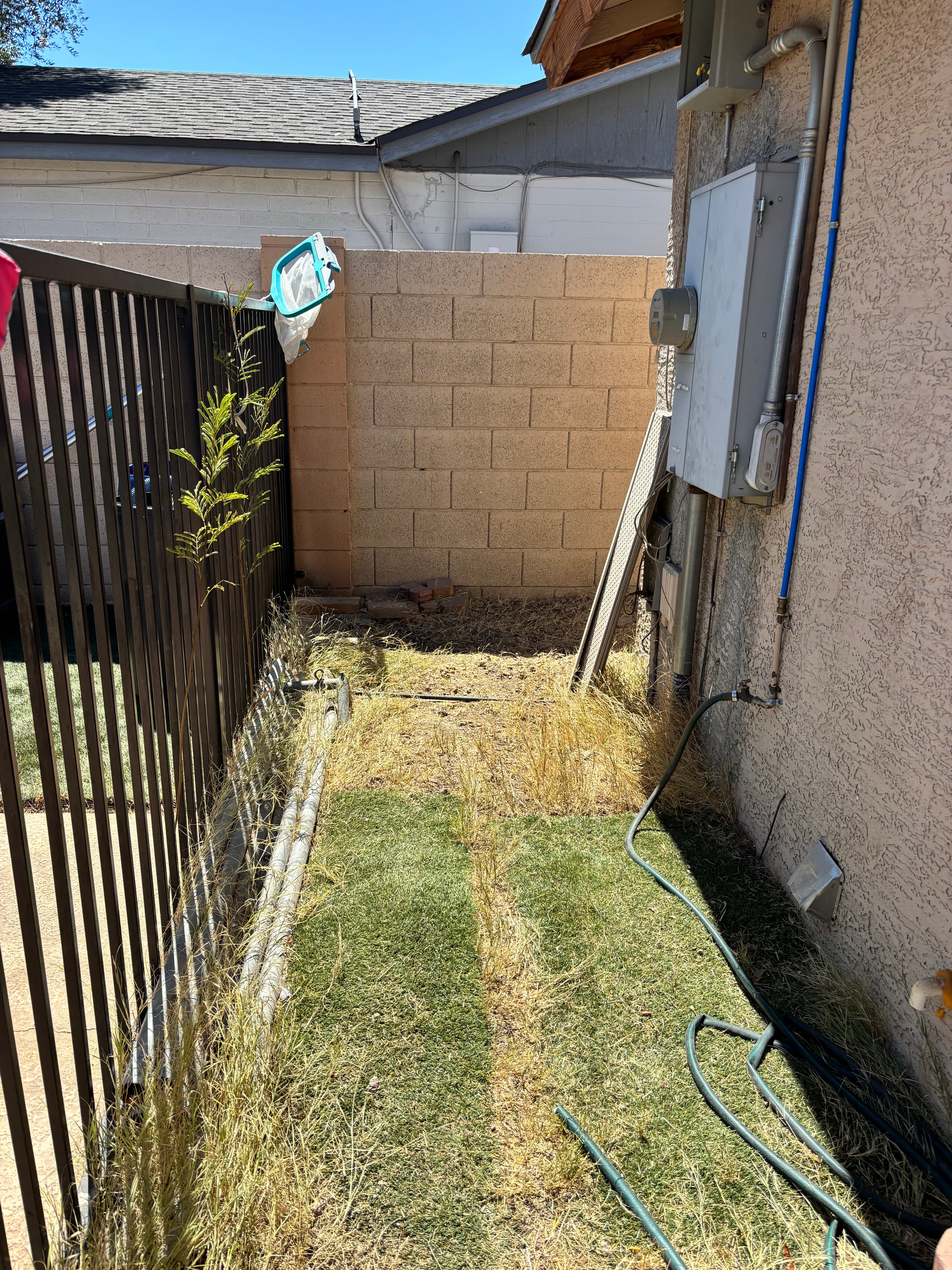 Narrow side yard with a black fence, electrical box, and patchy turf and dry grass.